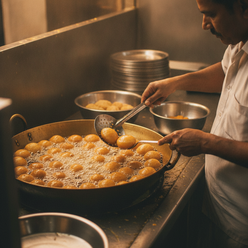 Halwai frying gulab jamun rounds in pure ghee inside a traditional kadhai, action shot with bubbles and slotted spoon