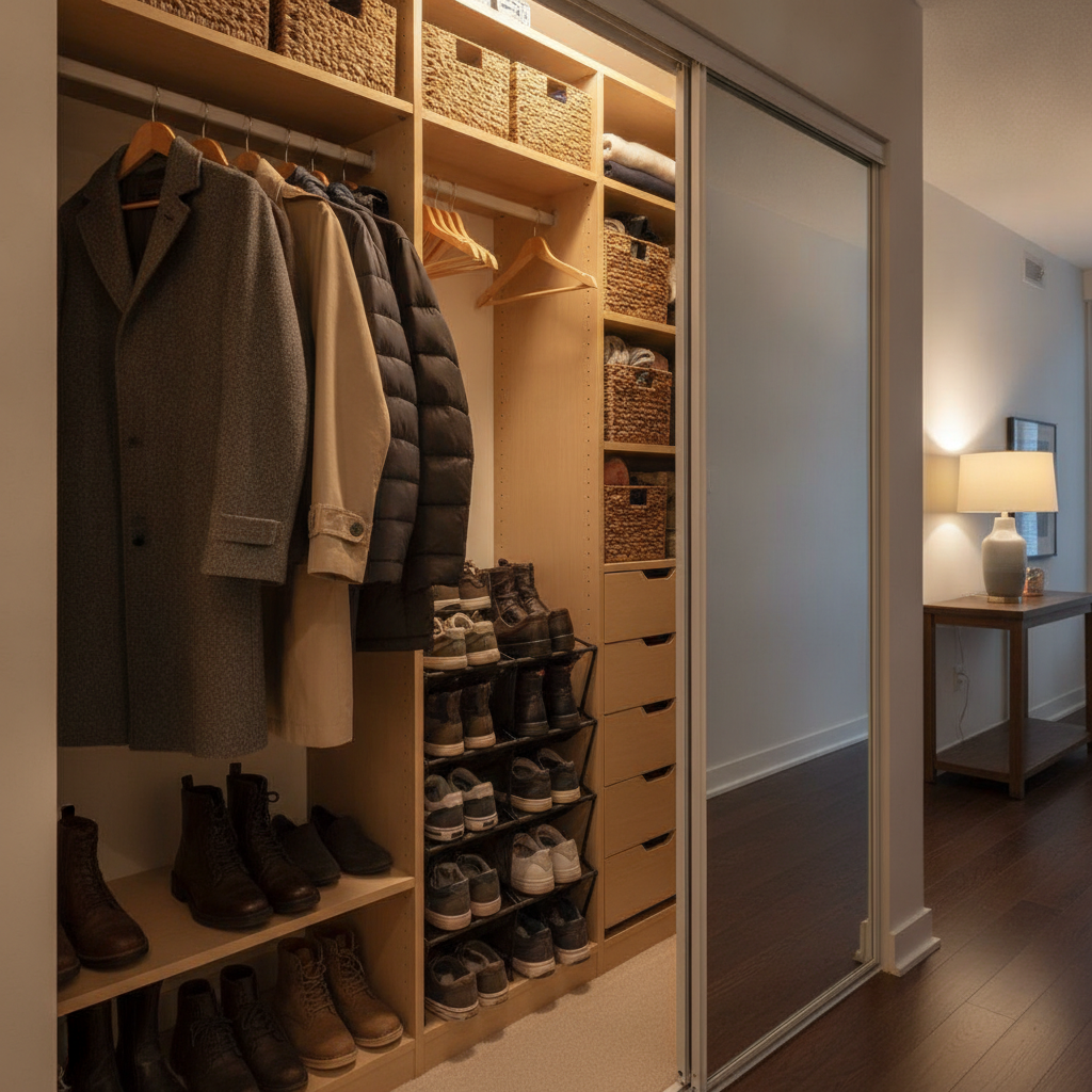 Closet Design & Installation: Make Space Work Better Today 2 Side-angle view of a reach-in condo closet system with sliding doors open, organized sections for coats, shoes, and baskets