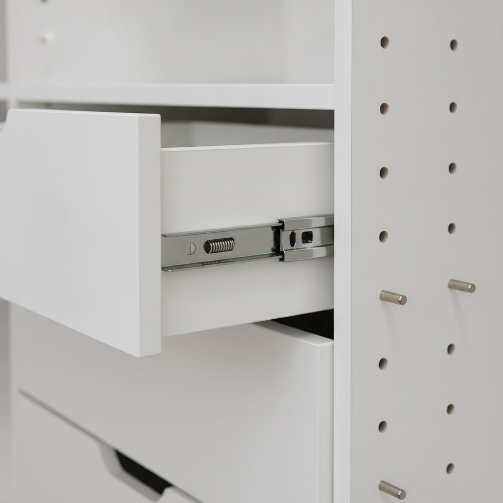 Closet Design & Installation: Make Space Work Better Today 1 Close-up of soft-close drawer hardware in a custom closet installation, showing brushed nickel slides and adjustable shelves for a professional finish