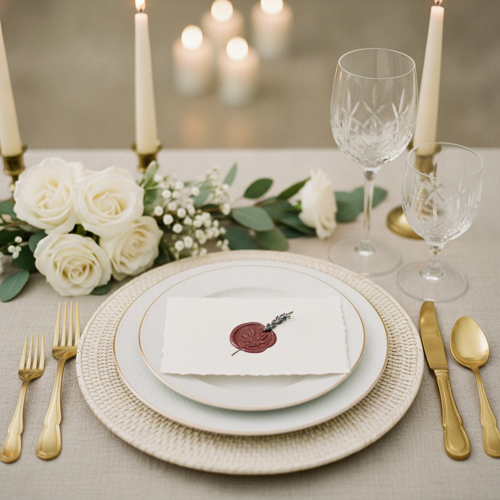Detail shot of a custom wedding tablescape with textured linens, gold flatware, crystal glassware, and candles at Mississauga Convention Centre