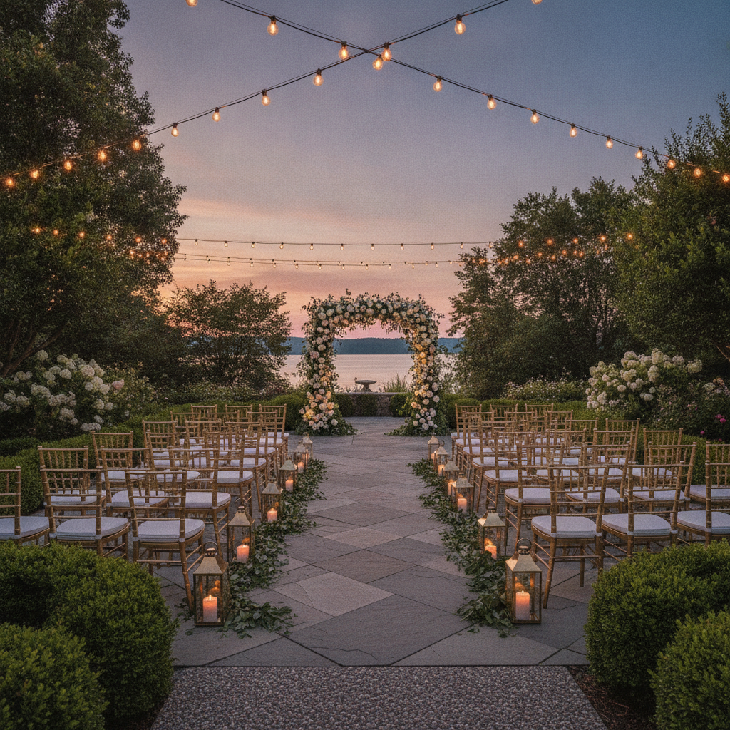 Outdoor patio wedding ceremony with custom floral arch and string lights at Mississauga Convention Centre