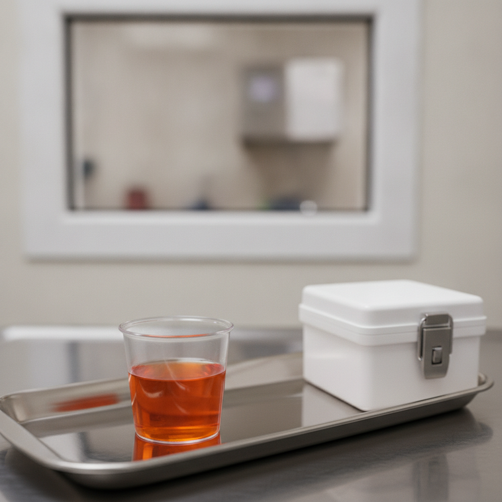 Close-up of supervised methadone dosing cup supporting a methadone maintenance program in Ontario clinic setting