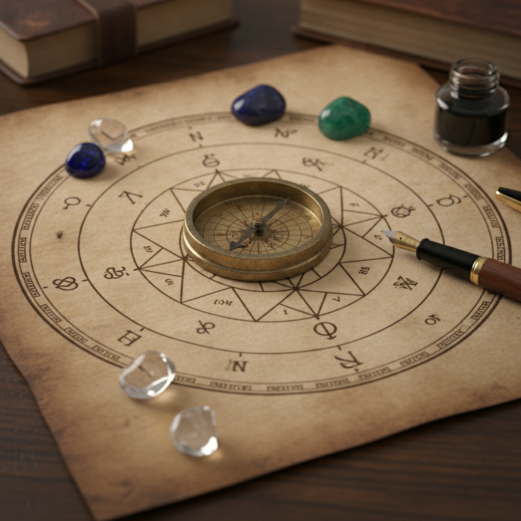 Close-up of a Vedic career horoscope chart with compass and gemstones for professionals