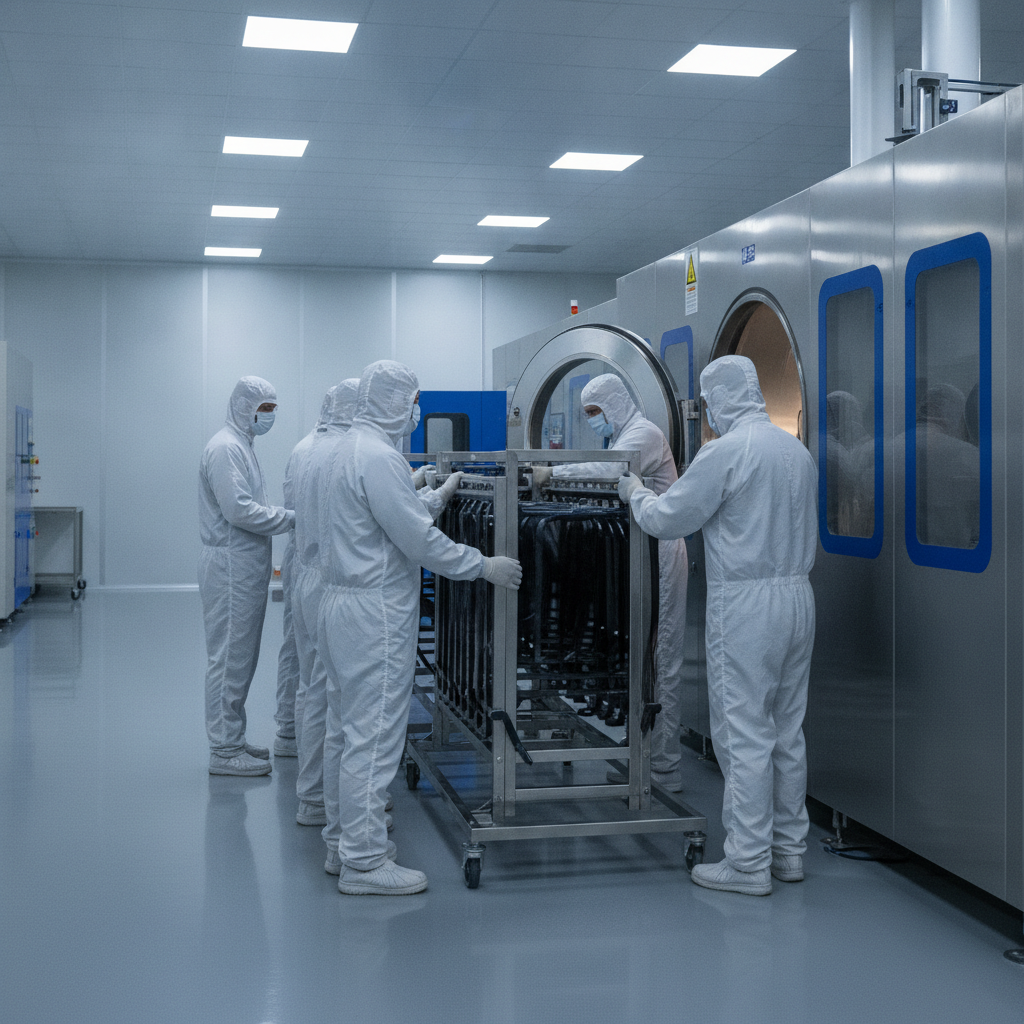 Technicians handling stainless steel racks beside a modern PVD vacuum system at Sputtek, showing clean handling practices for PVD coating stainless steel