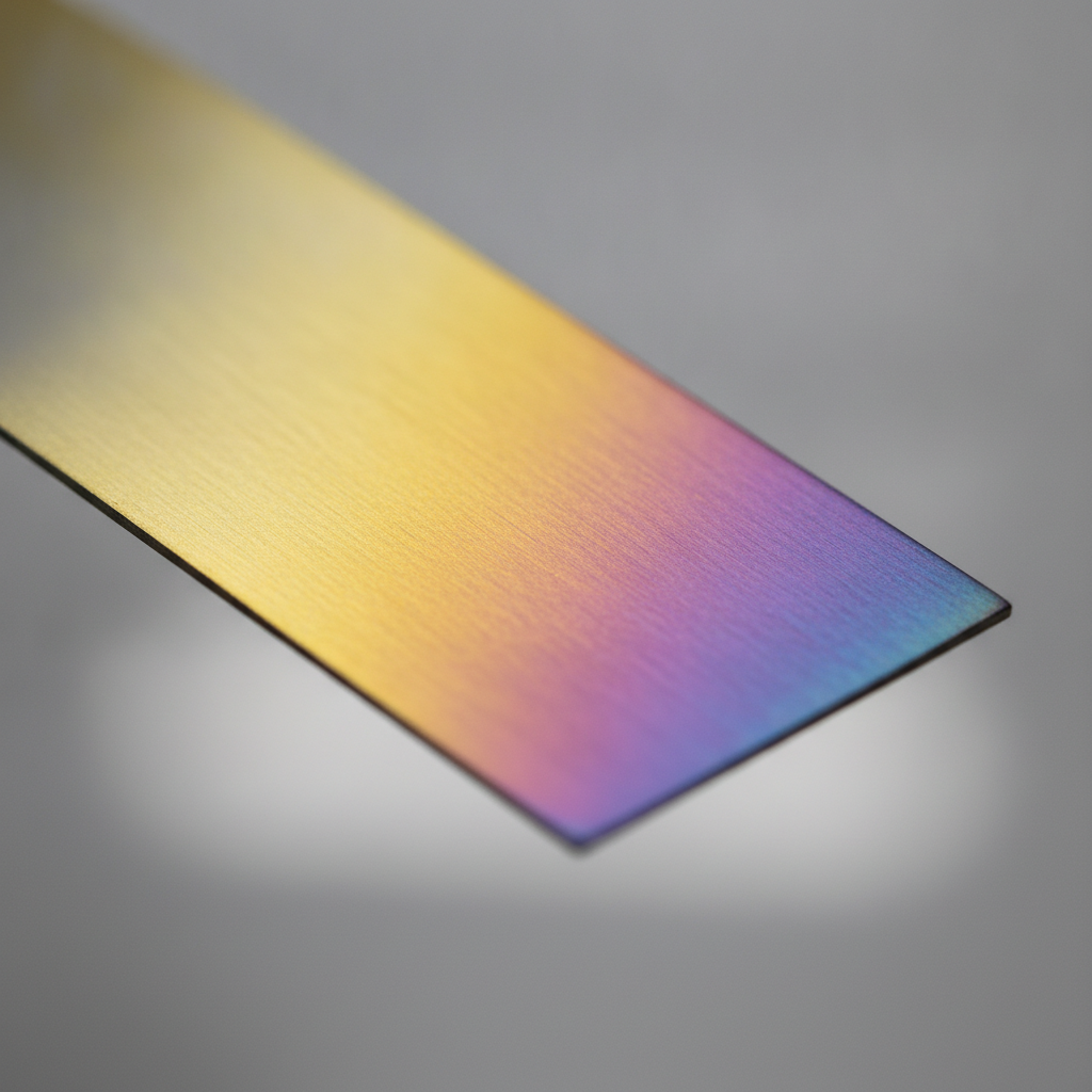 Macro view of PVD nitride film on stainless steel coupon showing interference colors and thin-film uniformity for PVD coating stainless steel