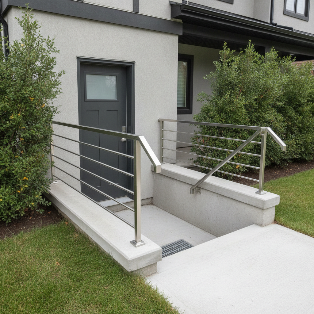 Exterior view of a new separate basement entrance with poured concrete steps, drain at the landing, and weather-sealed door for a legal suite