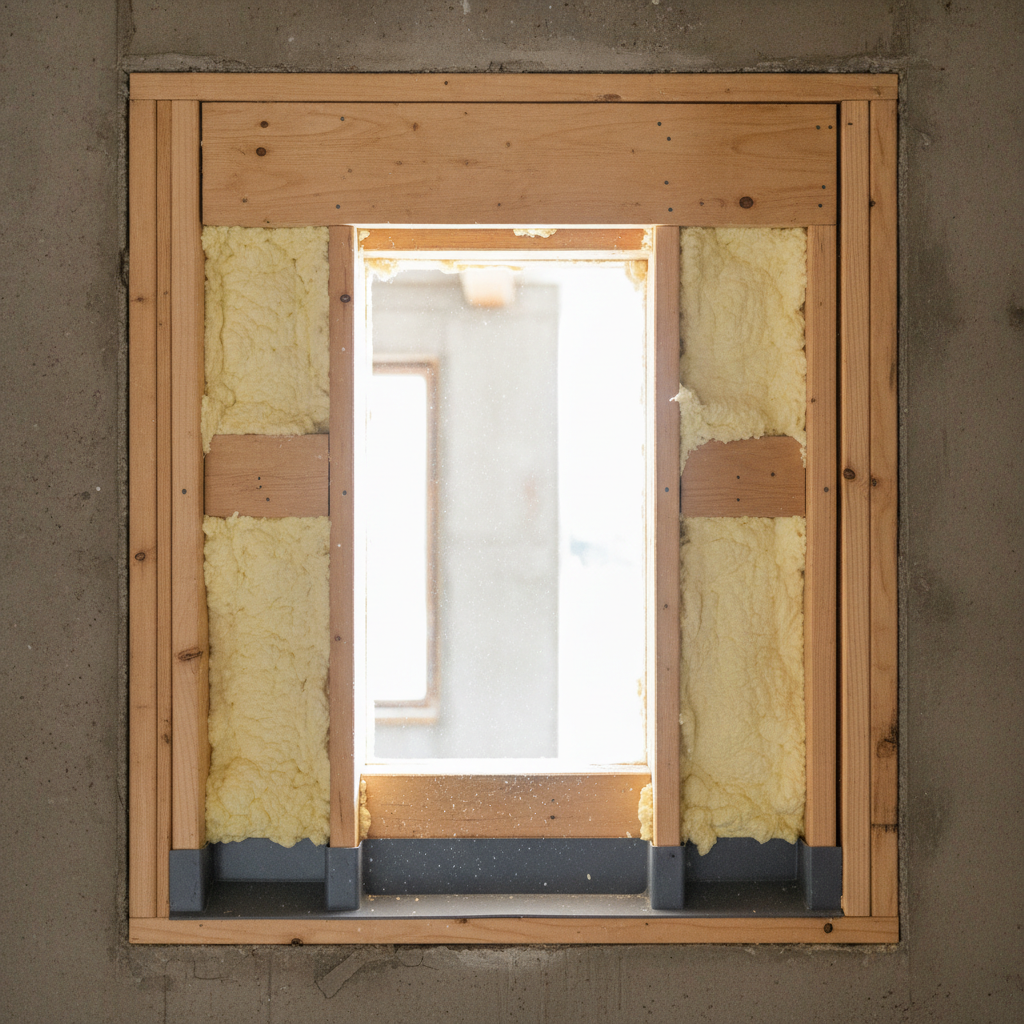 Close-up of compliant egress window framing for a legal basement renovation with header, jack studs, fire blocking, and insulation