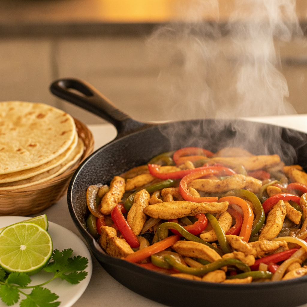 Close-up of sizzling chicken fajitas for Mexican grill meal ideas for sharing with tortillas and lime