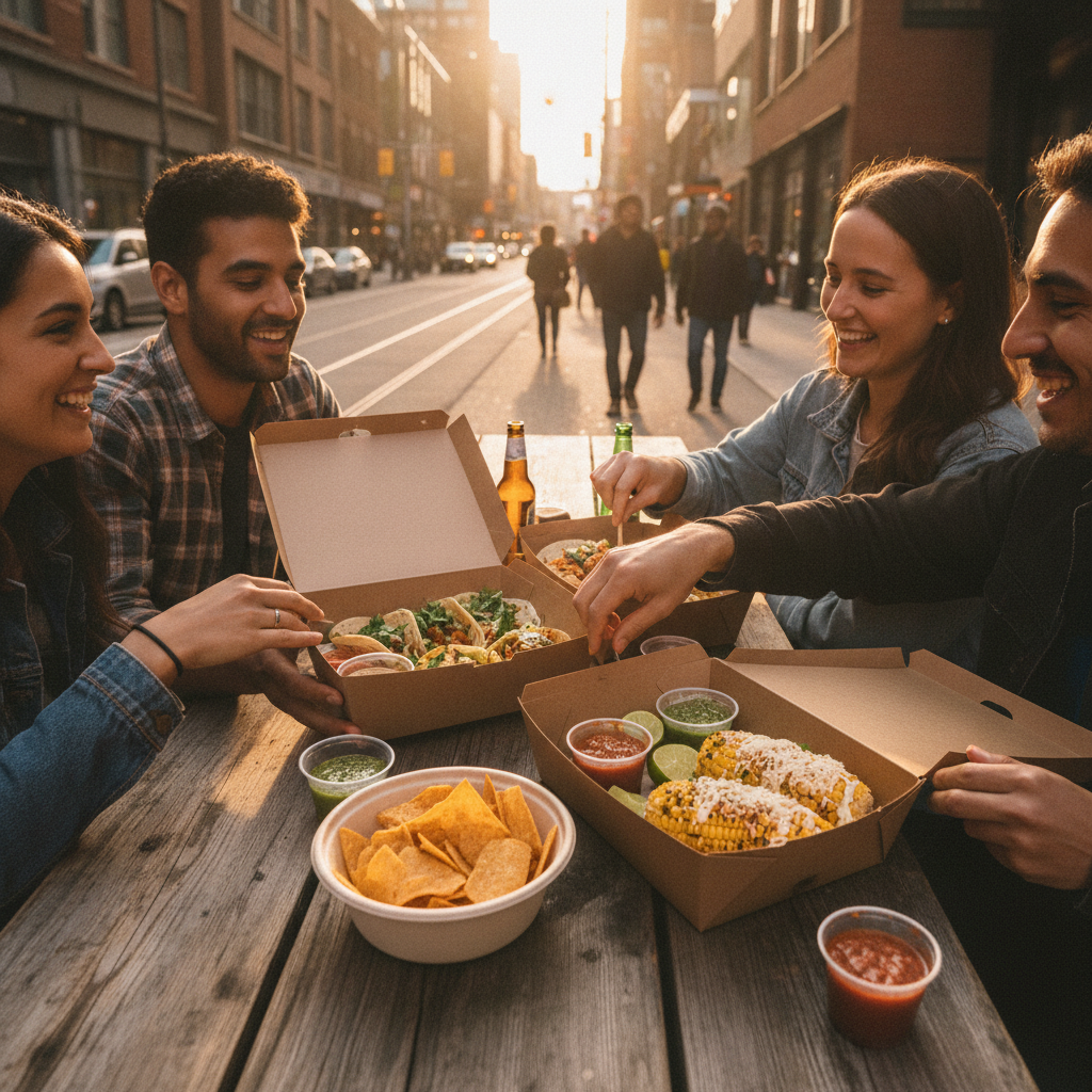 Mexican takeout sharing boxes with tacos, elote, chips and salsa for group picnic in Toronto