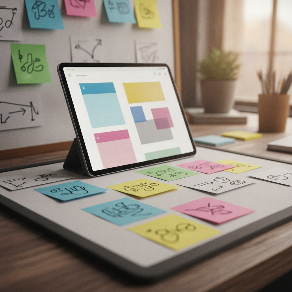 Close-up of a content strategy workspace showing color-coded planning elements for content optimization