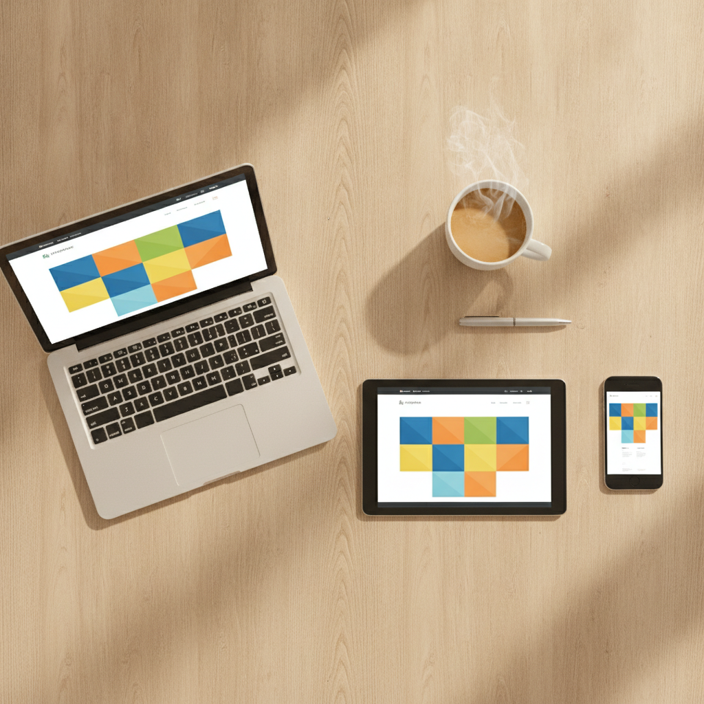Top-down desk scene with laptop and devices showing abstract website layout blocks used when planning on-page SEO and schema