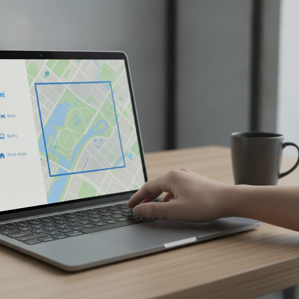 Close-up of MLS search filters and Brampton map boundary illustrating residential listing search tips