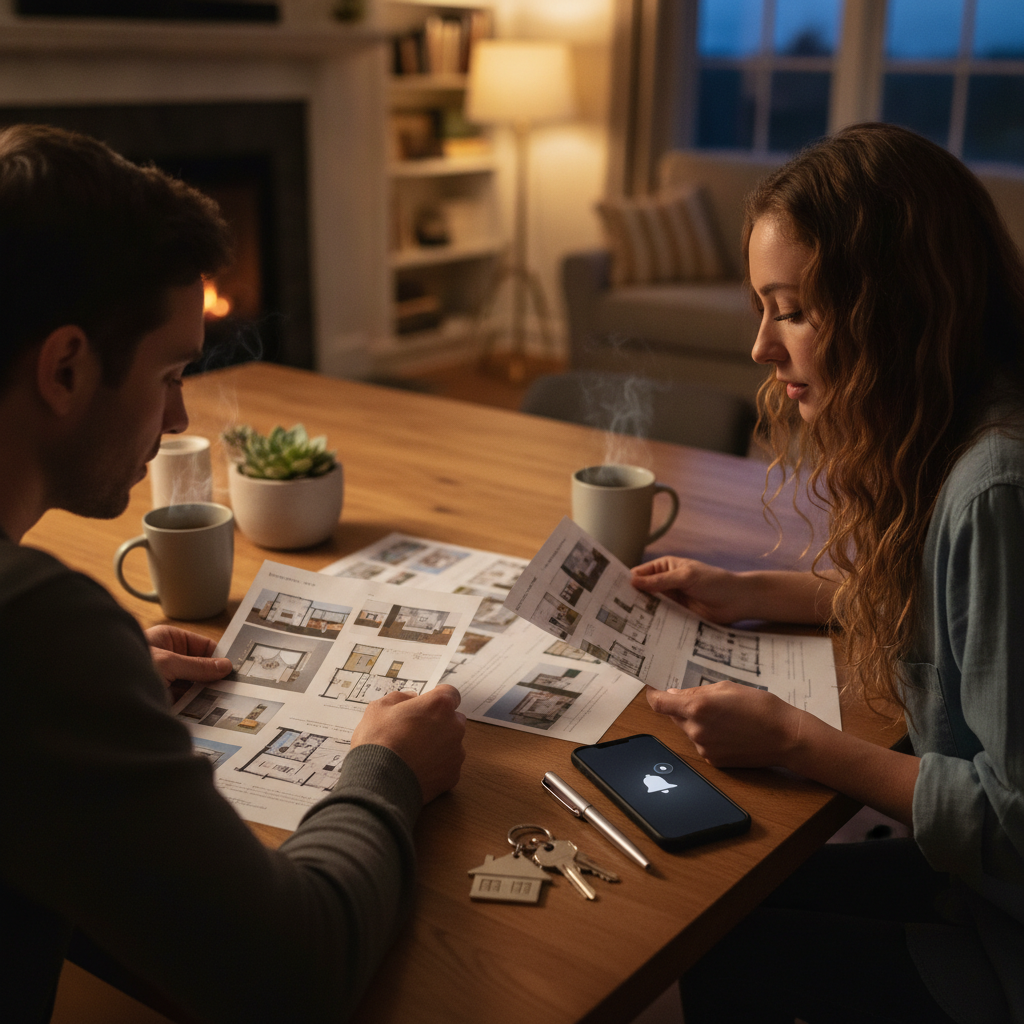 Brampton home search couple reviewing property sheets and new listing alert as part of residential listing search tips