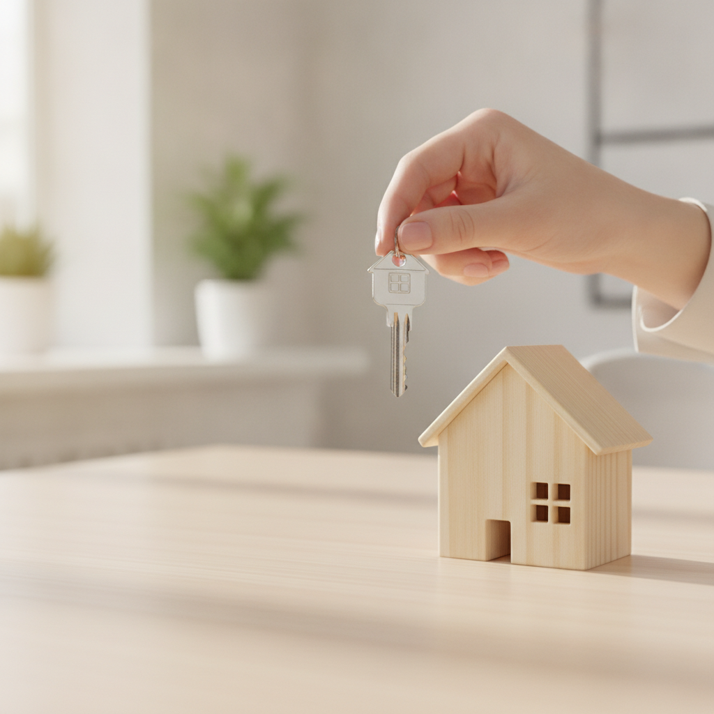 Close-up of a realtor holding a home key beside a small house model, symbolizing a trusted Toronto realtor guiding buyers in the GTA