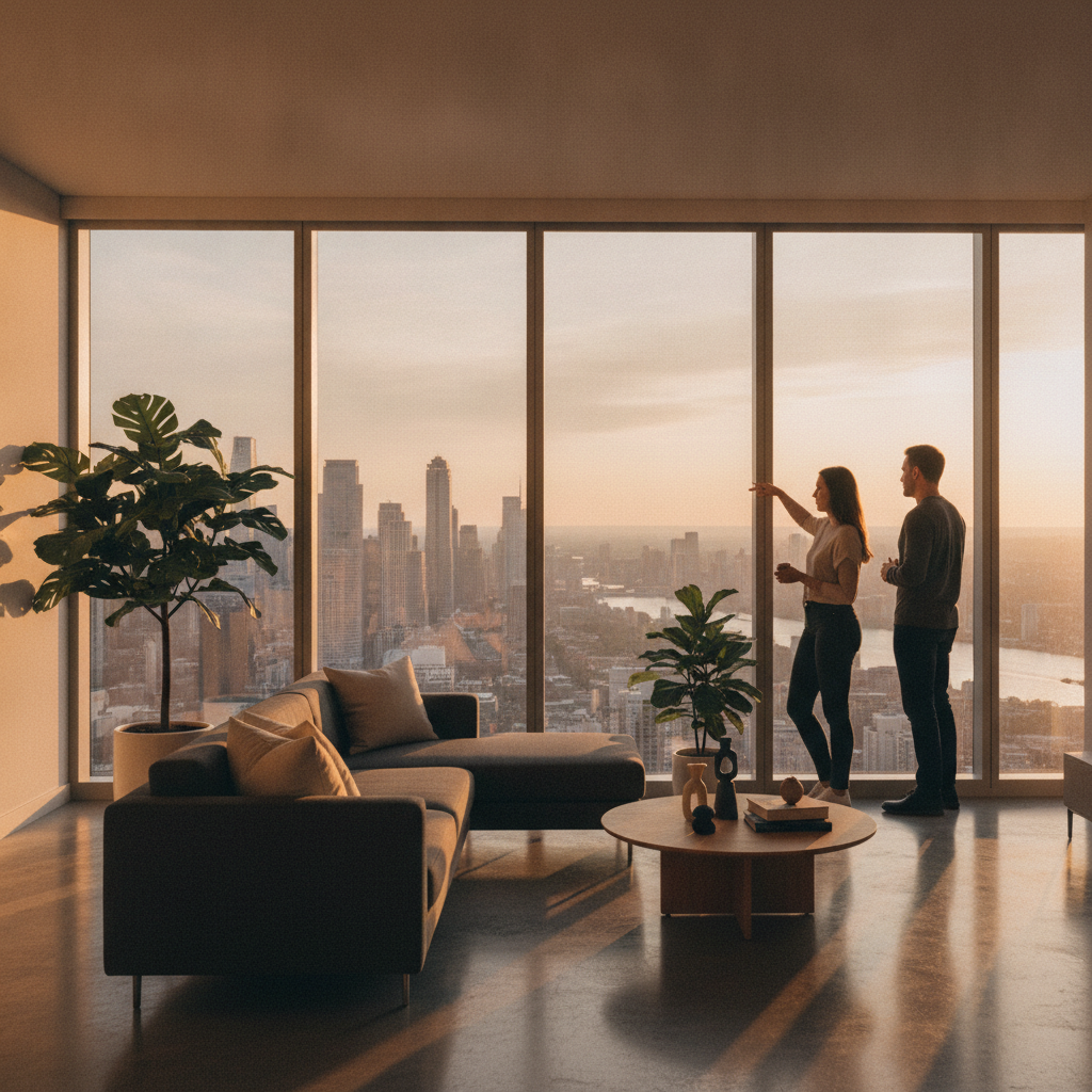 Modern Toronto condo showing at sunset with floor-to-ceiling windows, staged living room, and a realtor consulting clients