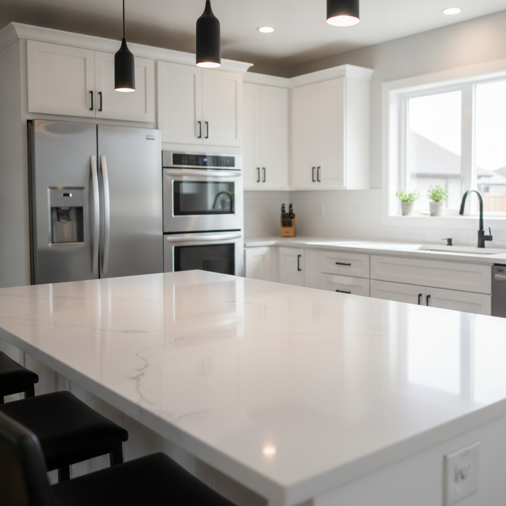 Contemporary Windermere Edmonton kitchen with quartz island, ideal feature buyers seek in Windermere homes for sale