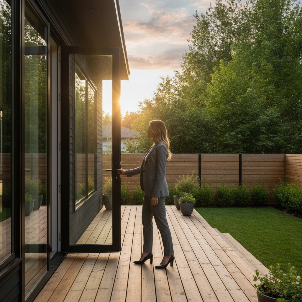 Realtor opening patio doors to a Windermere Edmonton backyard and deck, showcasing lifestyle potential of houses for sale