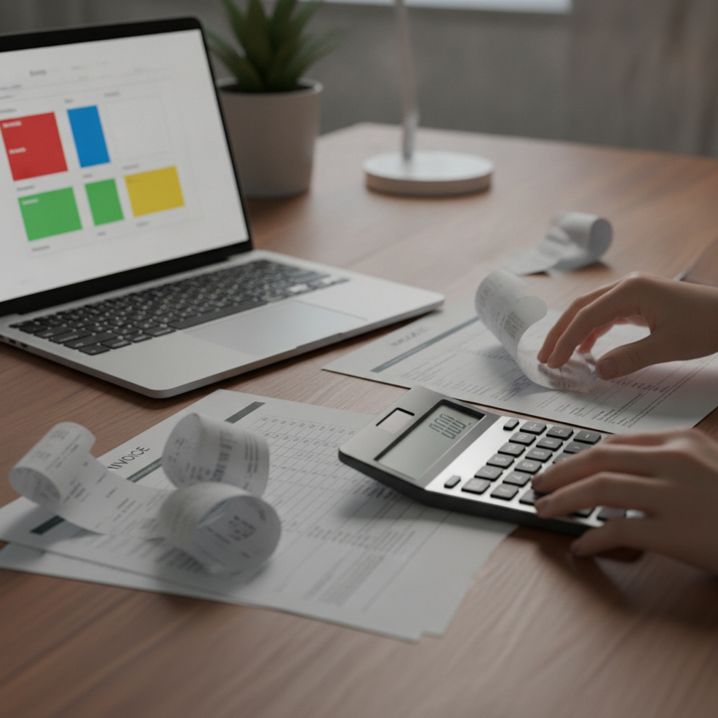 Close-up of organized receipts, invoices, and calculator supporting accounting and taxation services workflows