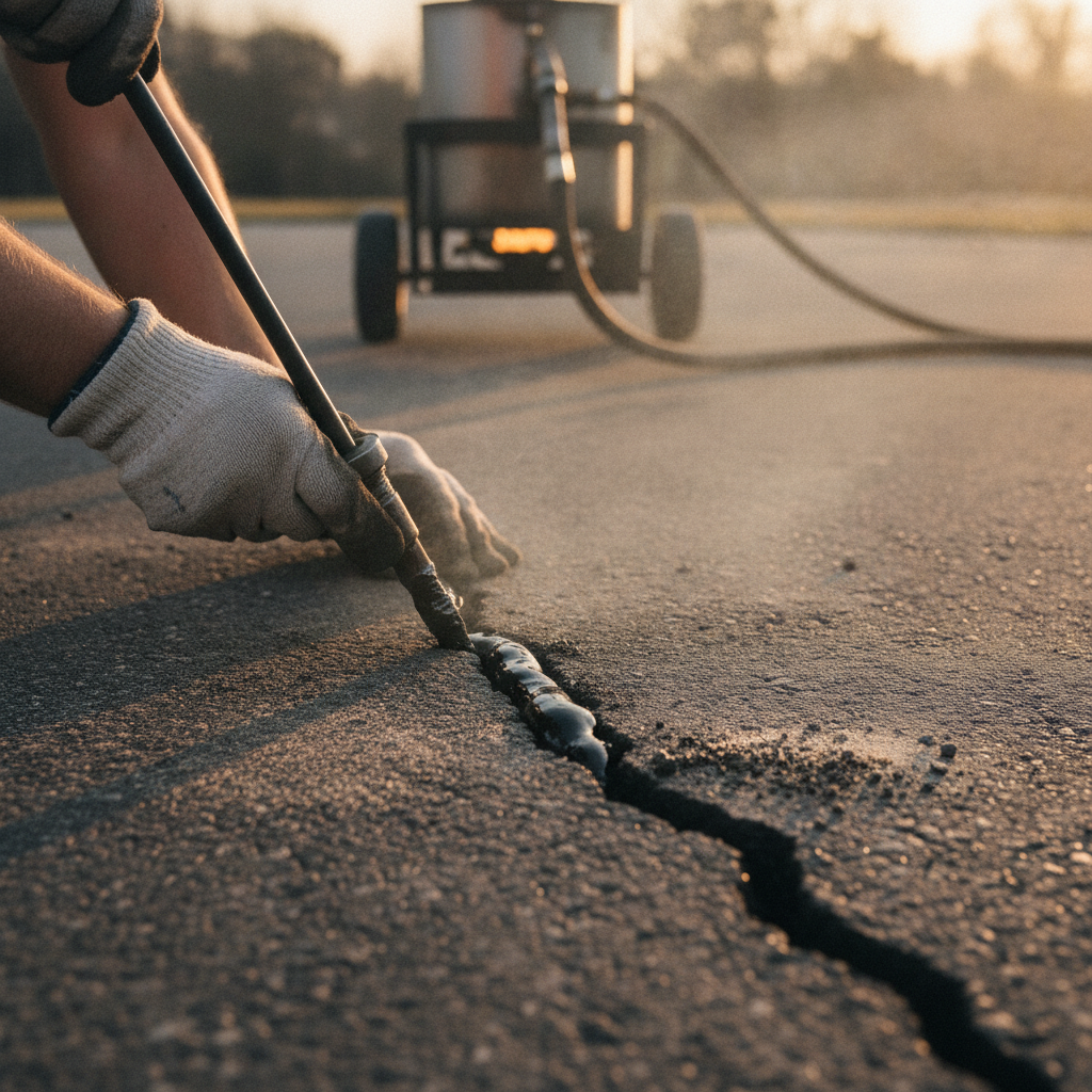 Driveway crack repair process with rubberized filler applied before sealcoating