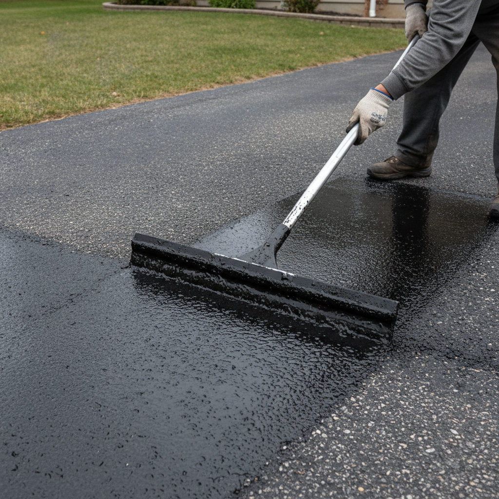 Close-up of asphalt driveway sealing with squeegee showing texture contrast and even coverage