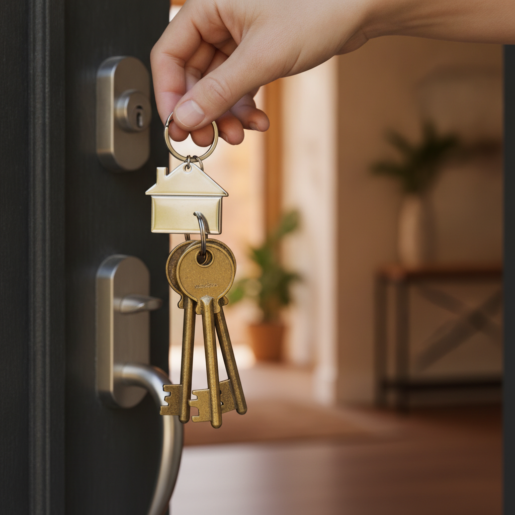 Close-up of keys and a house keychain illustrating secure, direct home transactions on a social real estate platform in Canada