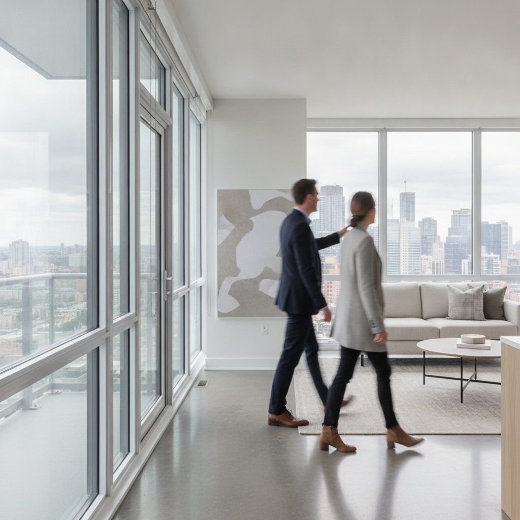 Prospective buyers touring a bright Canadian condo, illustrating showings and negotiation on a social real estate marketplace