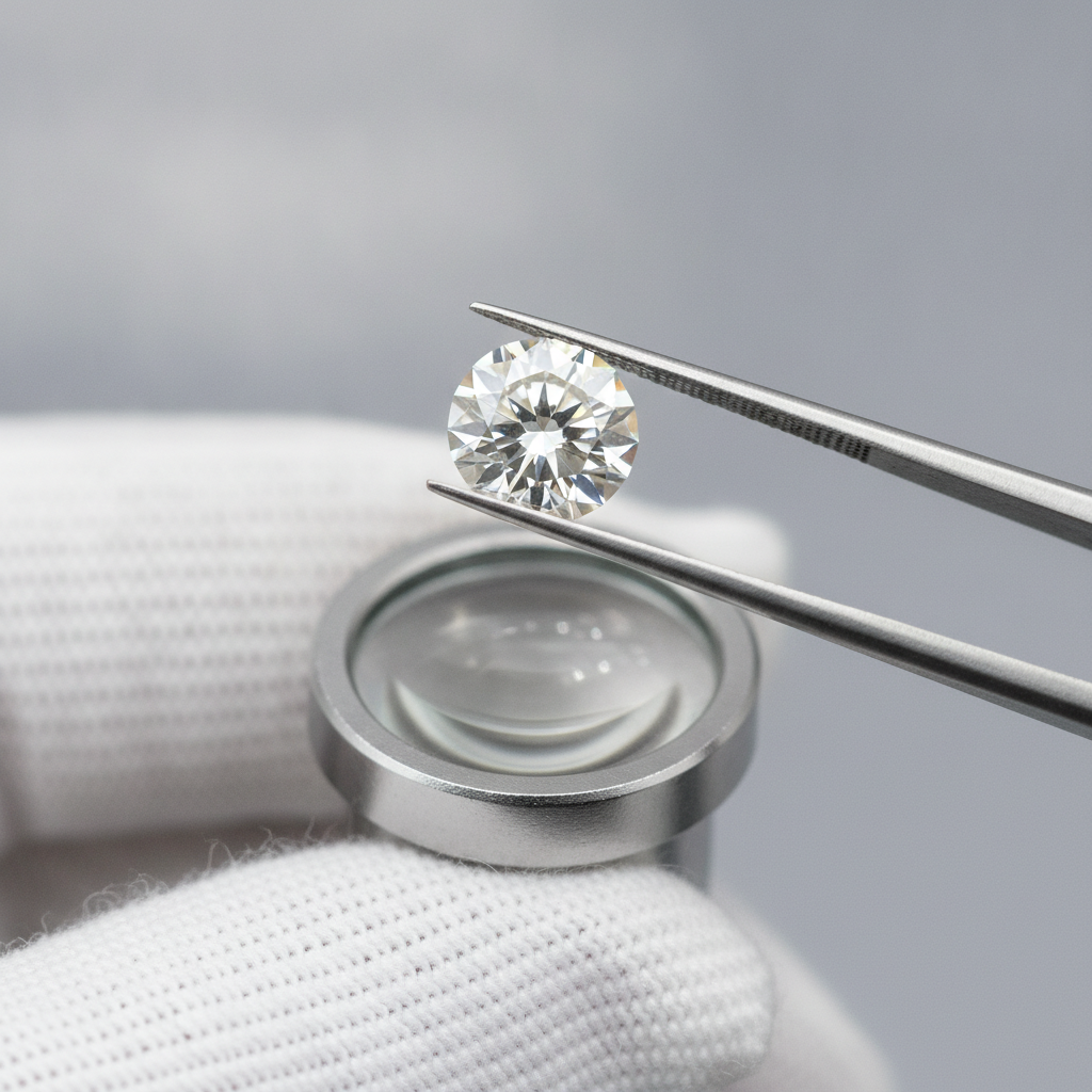 Close-up of a lab-grown round brilliant diamond held by tweezers, ideal for lab-grown diamond engagement ring quality inspection