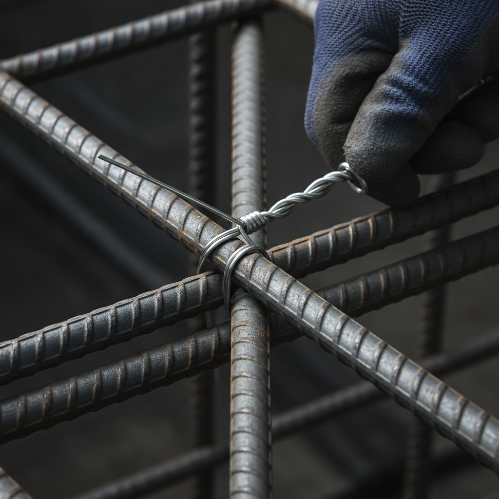 Close-up of tied intersecting rebar with tie wire being twisted, illustrating rebar detailing basics and field placement quality