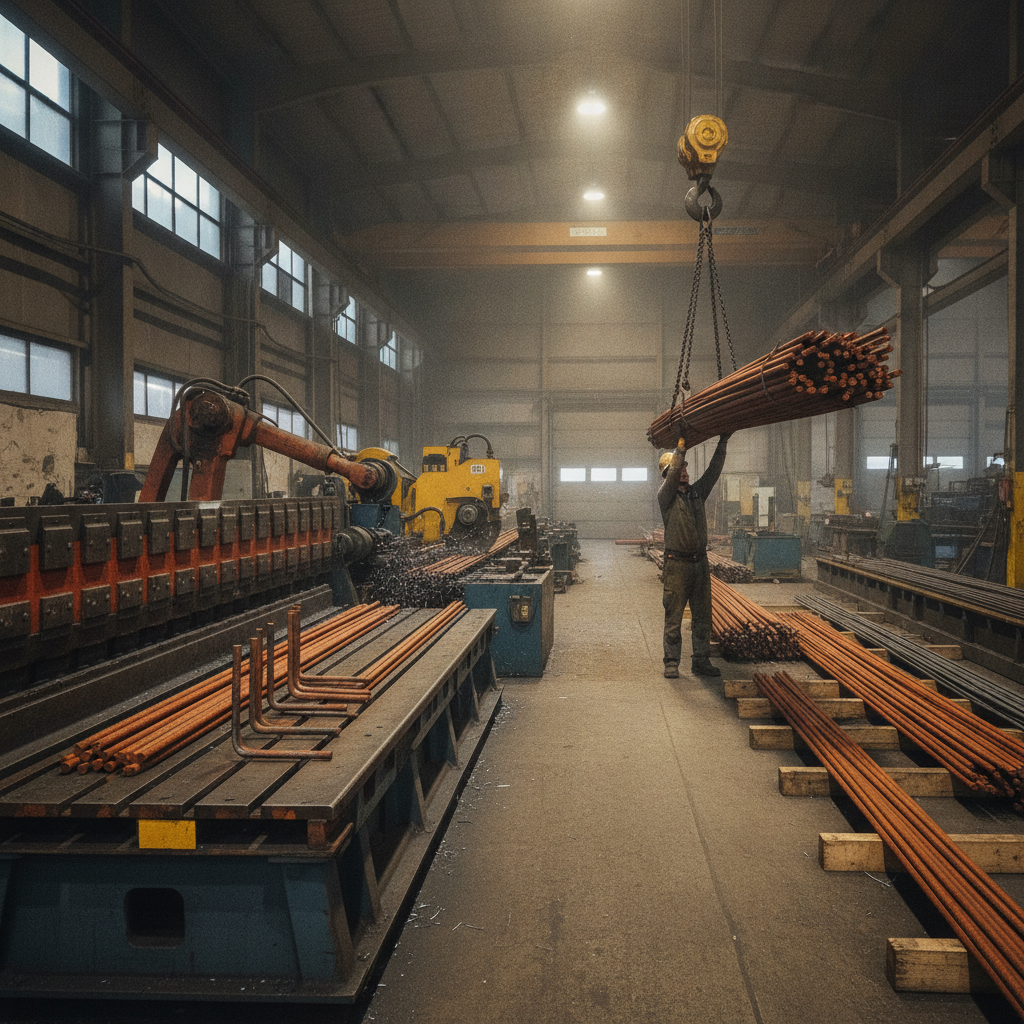 Rebar fabrication shop scene with bending table, shear line, and stacked Grade 500W bars ready for delivery to Ontario jobs