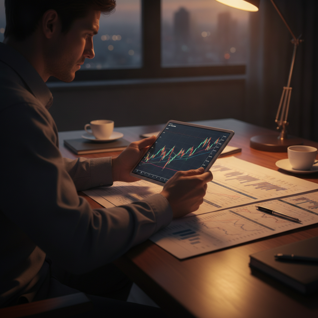 Trader reviewing printed charts with tablet showing technical indicators like MACD and Bollinger Bands for practical application