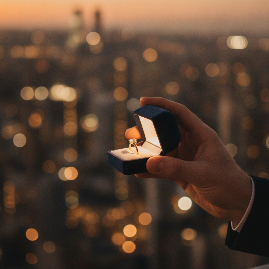 Romantic New York proposal scene with an engagement ring box opening at dusk, ideal for lab-grown diamond rings