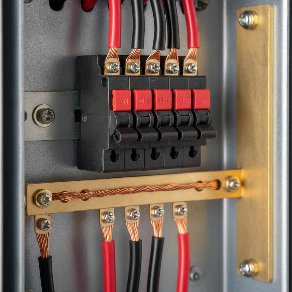 Close-up of breakers and wiring during electrical panel inspection showing clean terminations and grounding bars
