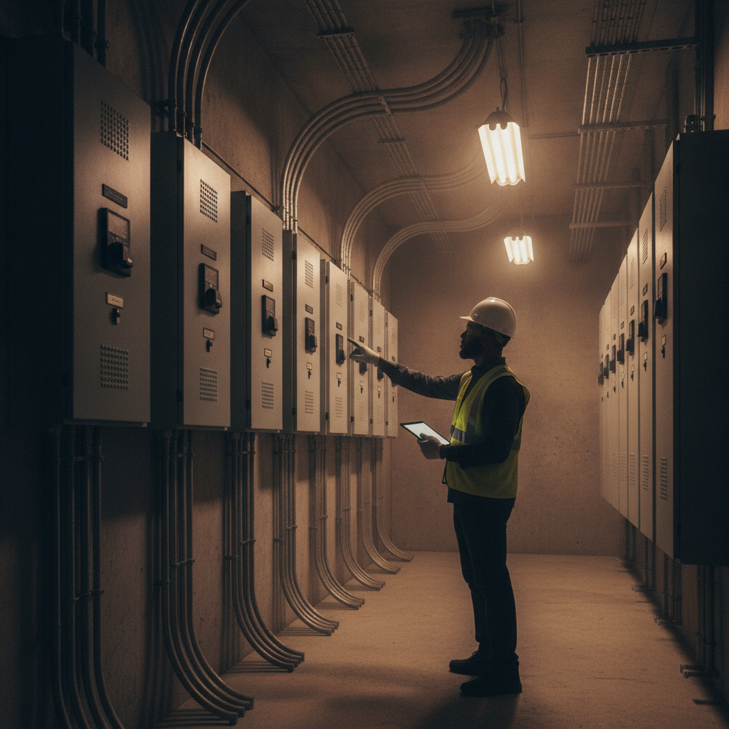 Commercial electrical room with multiple breaker panels as part of a professional electrical panel inspection