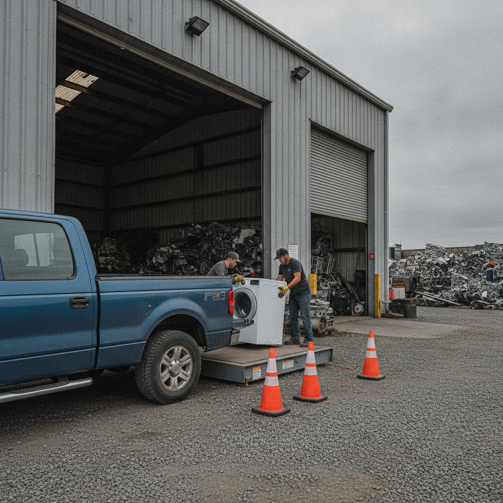 Pickup truck unloading a washing machine at an Etobicoke scrap yard entrance