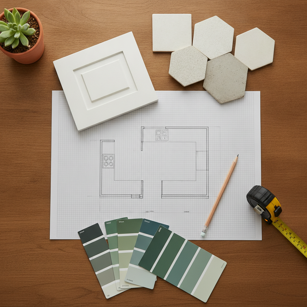 Top-down planning kit for a budget small kitchen remodel with layout sketches, samples, and measuring tools