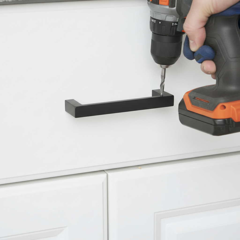 Installing new cabinet hardware during a budget small kitchen remodel to refresh cabinetry without replacing boxes