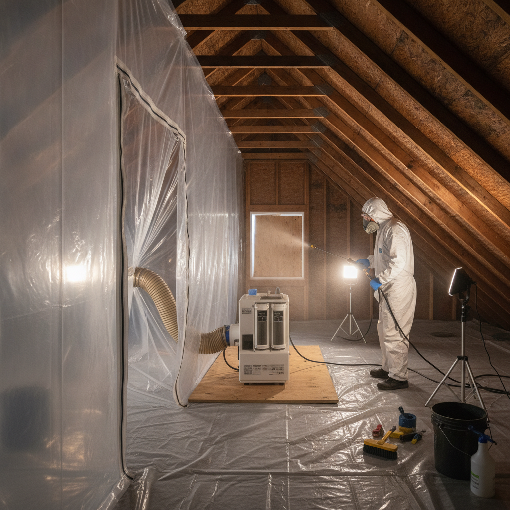 Attic mold remediation in progress with containment, negative air machine, and technician applying antimicrobial treatment