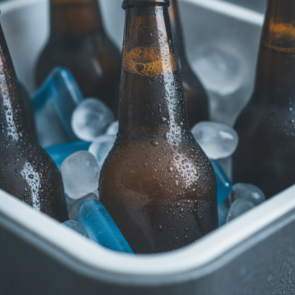 Close-up of chilled beer bottles in an insulated cooler for beer delivery in Calgary