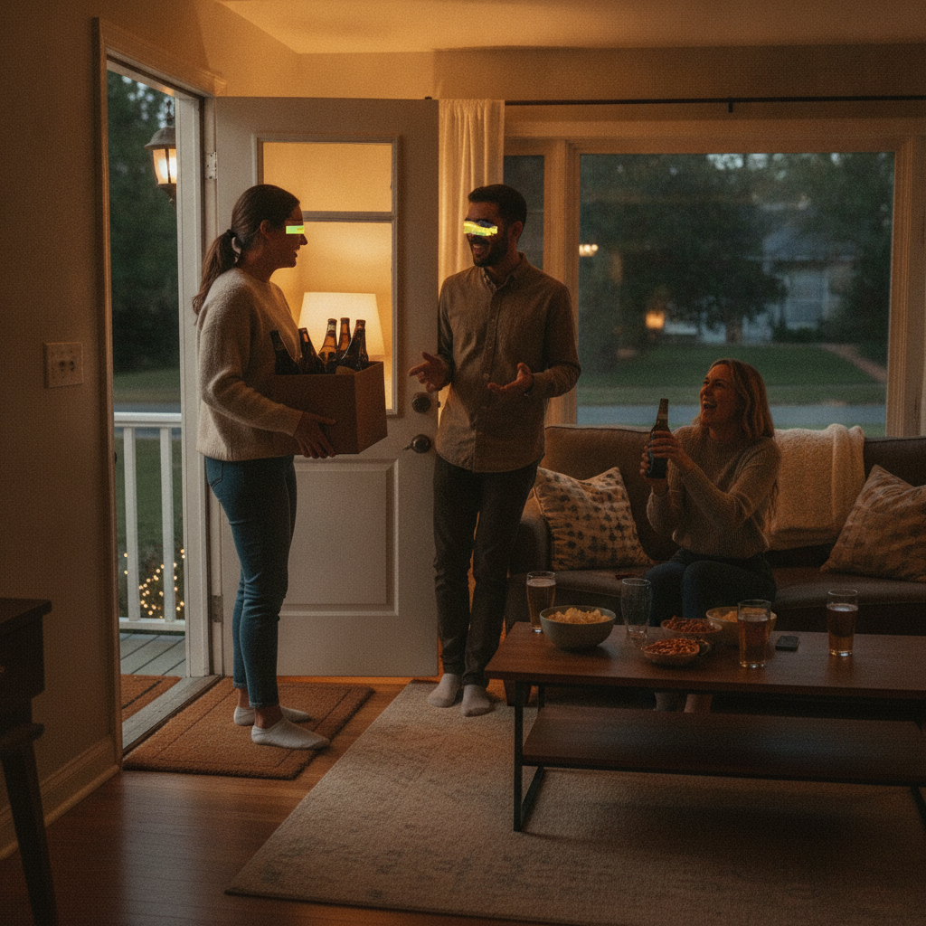 Friends receiving a doorstep beer delivery in Calgary with snacks ready on the table