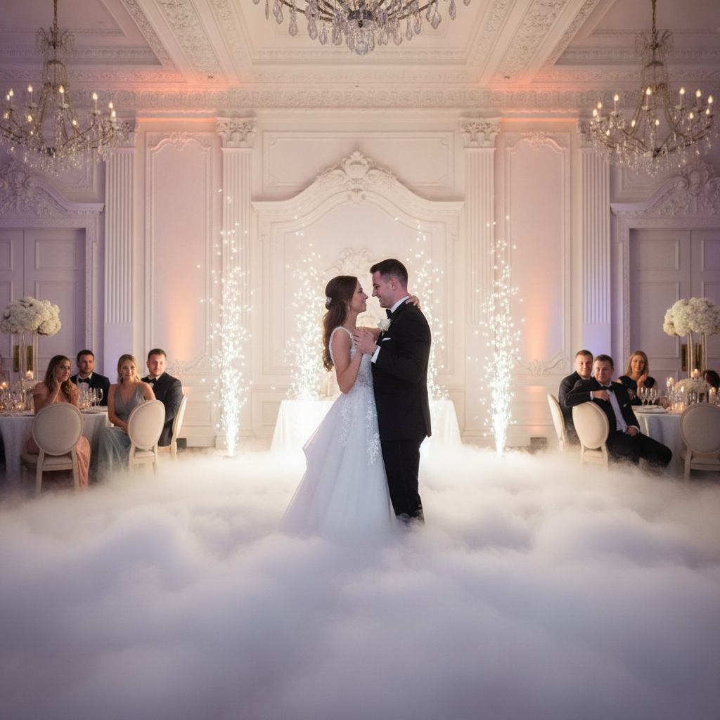 Couple’s first dance with dancing-on-clouds dry ice and cold spark fountains, showing Oakville wedding DJ production effects