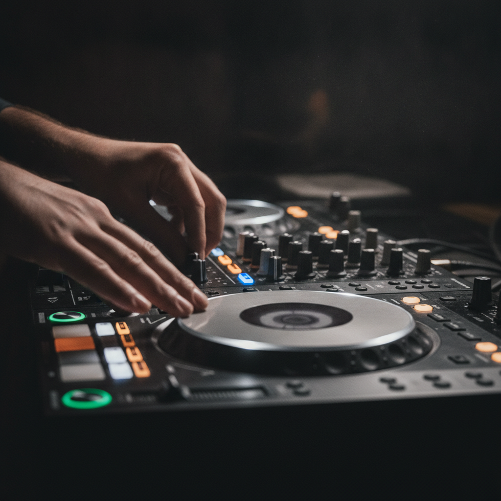 Close-up of wedding DJ controller with hands adjusting knobs, showing professional gear and Oakville wedding DJ setup details