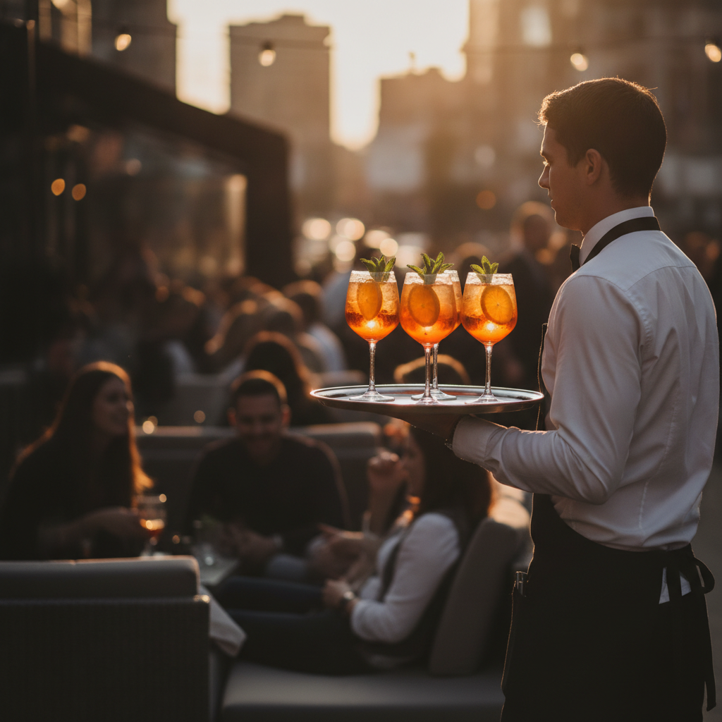Server carrying a tray of colorful orange liqueur cocktails on a patio, ideal for hosting and events