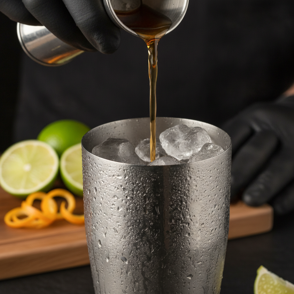 Close-up of orange liqueur being poured into a shaker for orange liqueur cocktails, highlighting precise measuring and technique
