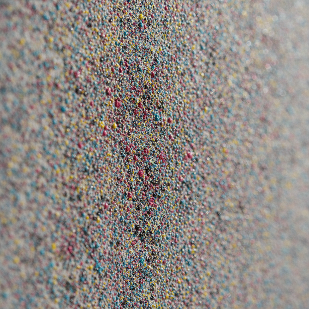 Close-up of UV-cured ink on painted drywall showing crisp color edges and durable direct-to-wall printing finish