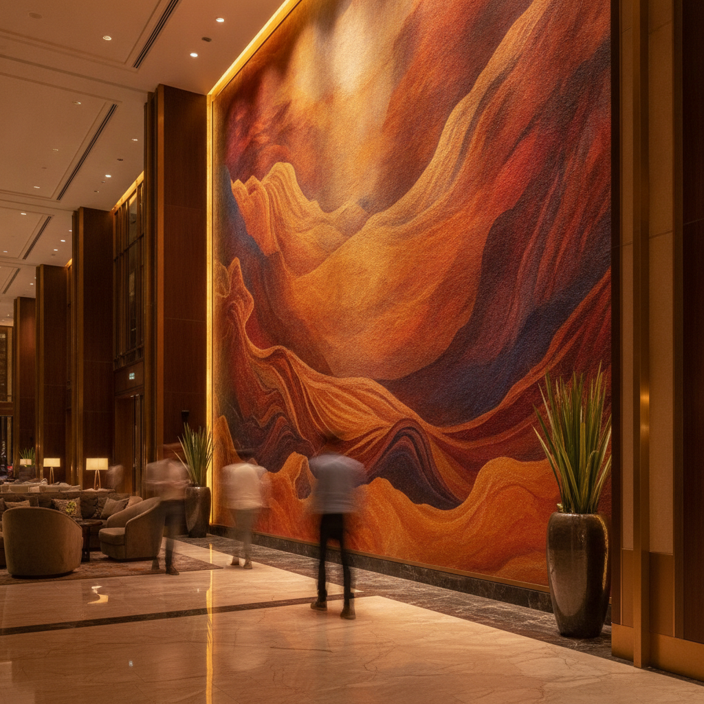 Side-angle view of a hotel lobby feature wall mural with warm evening lighting and premium finishes, the mural acting as a focal point