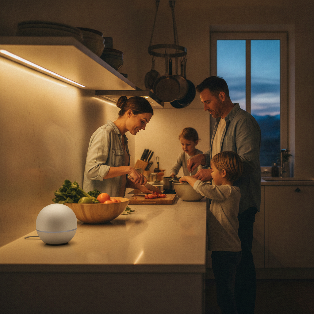 Evening kitchen scene with smart lighting and a voice assistant coordinating a family routine