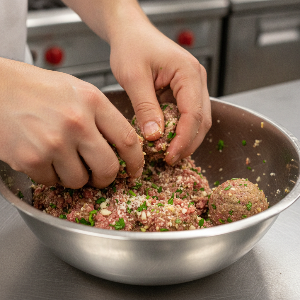 Close-up of hands mixing seasoned Italian meatball mixture with parsley, parmesan, and breadcrumbs for an Italian meatball appetizer