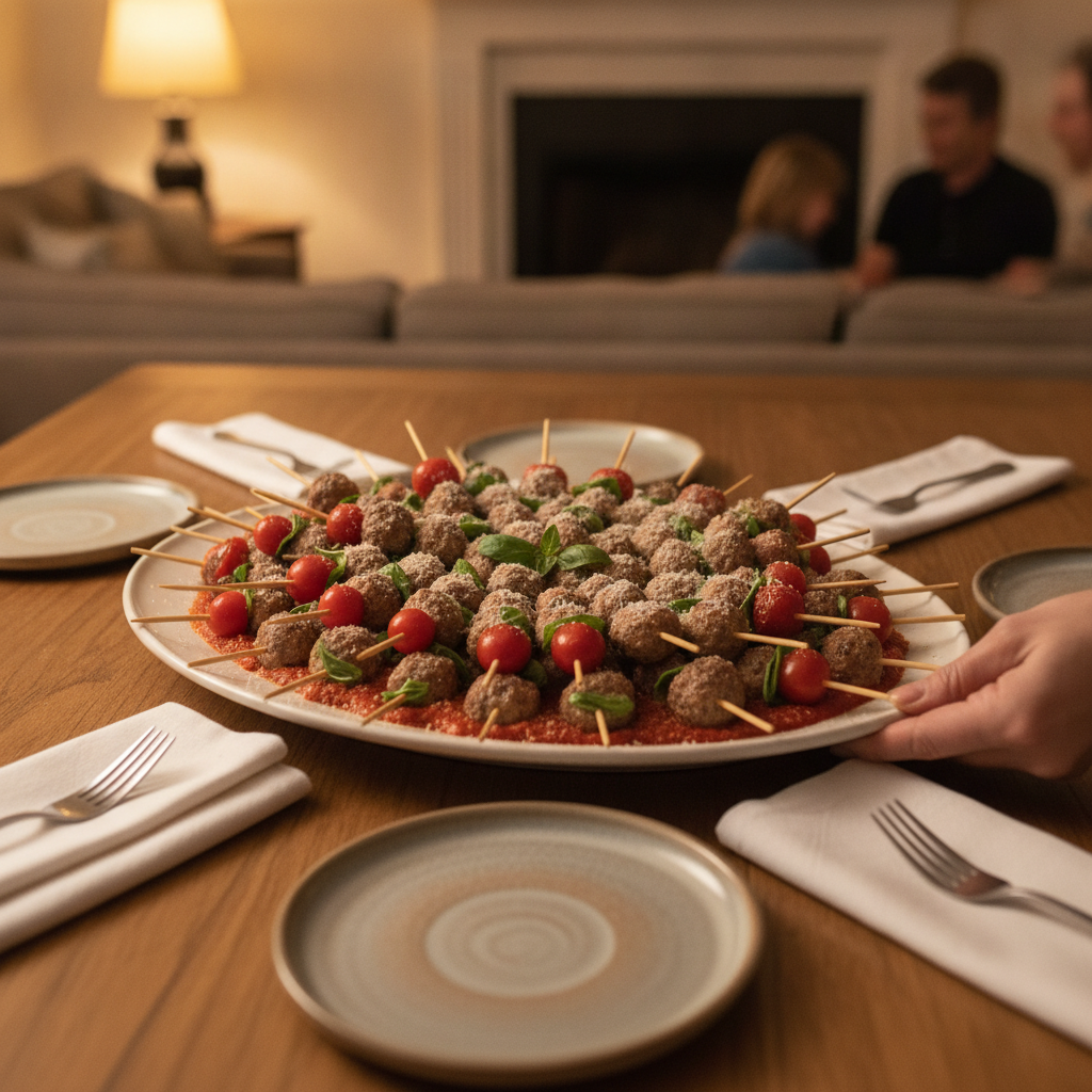 Party platter of Italian cocktail meatballs on skewers set on a cozy family table for an Italian meatball appetizer spread