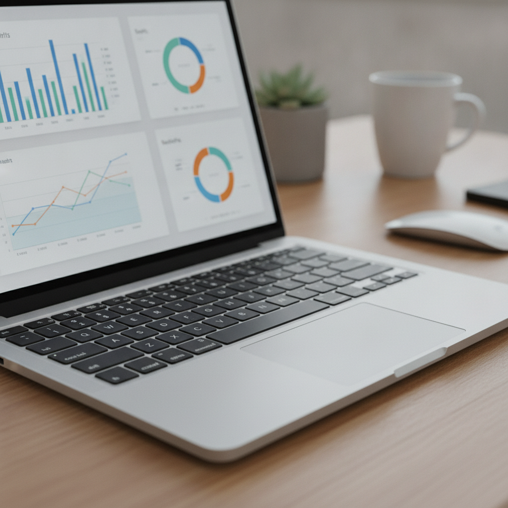 Close-up laptop view showing SEO analytics and audit dashboard for Dubai SEO services, illustrating how KDM tracks rankings, traffic, and conversions