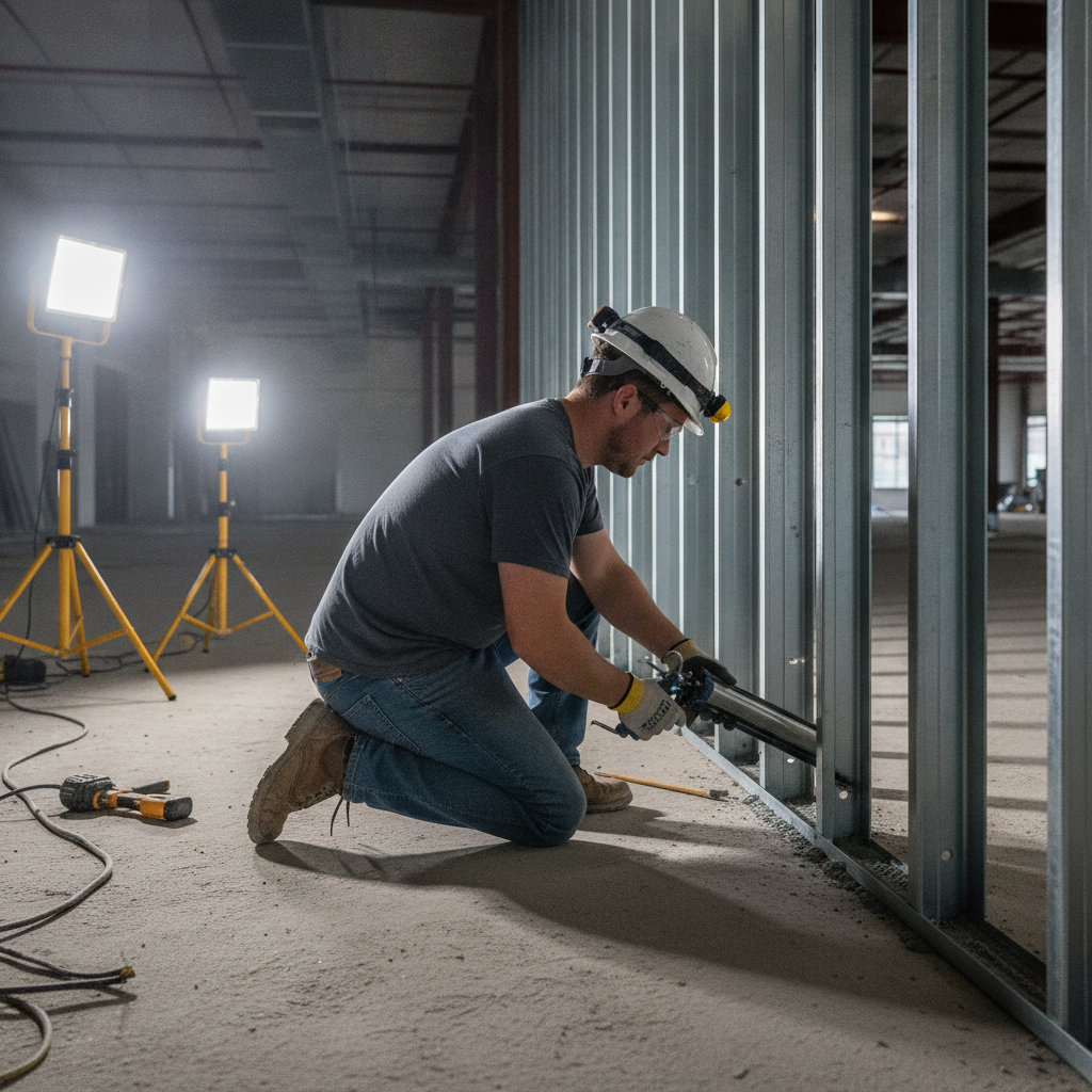 Applying acoustic sealant at floor-to-wall joint of a metal stud wall to protect STC rating